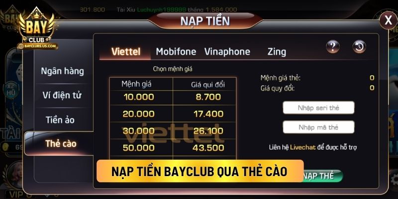 Nạp Tiền Bayclub Qua Thẻ Cào